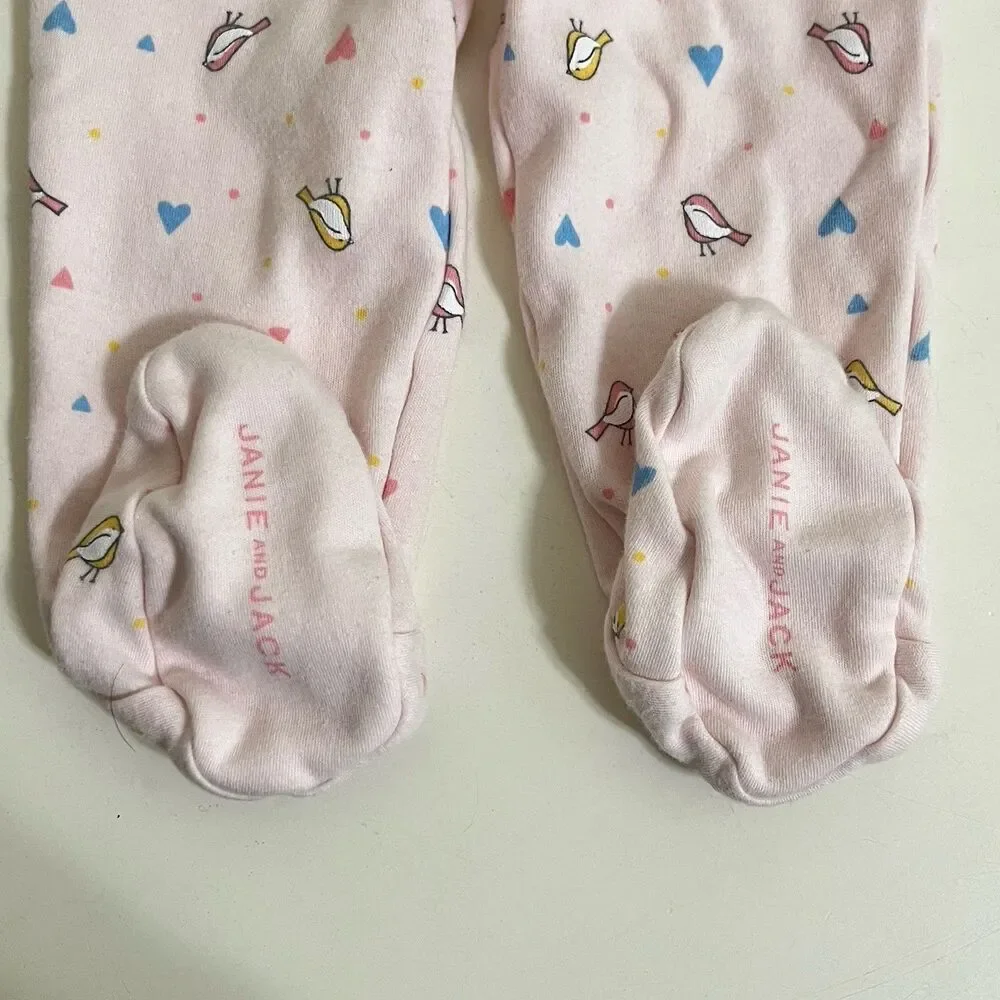 Janie and Jack Pink Bird Heart Kimono Top Footed Pants Set Baby Girl 3-6 Months
